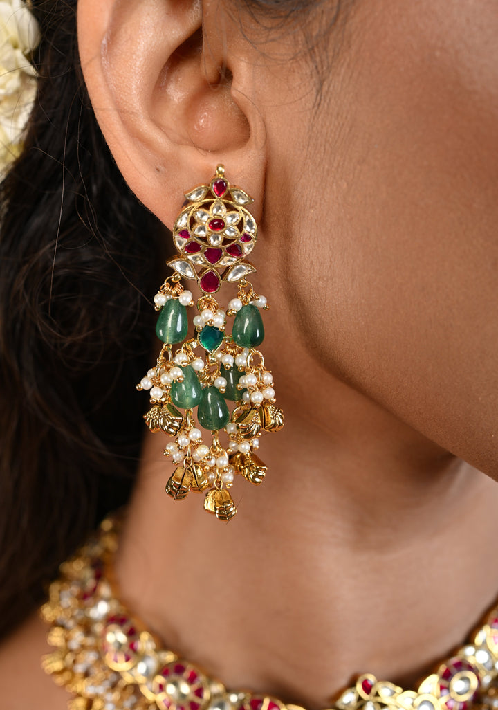 Ahmedabadi Jadau Kundan Necklace Set with Dangling beads