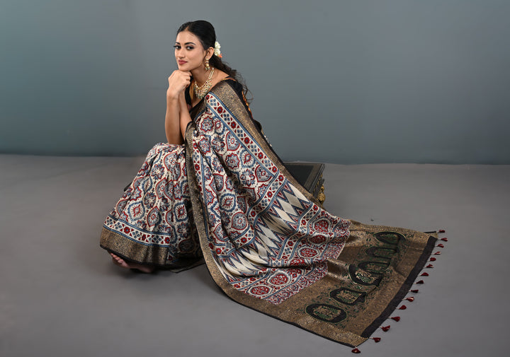 Beige Ajrakh Hand Block Print on Dola Silk Saree with Fancy Zari Border