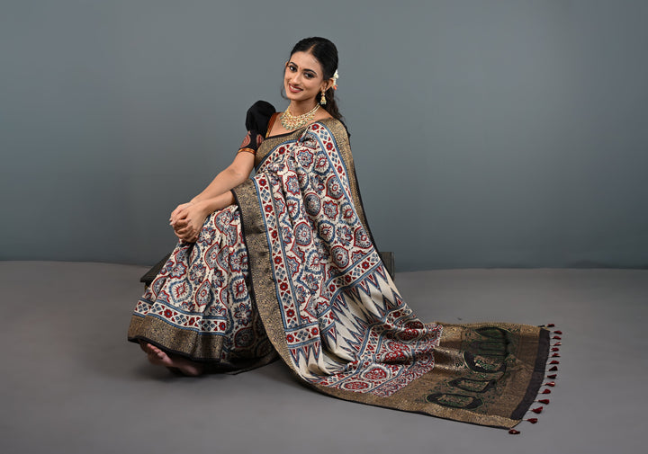 Beige Ajrakh Hand Block Print on Dola Silk Saree with Fancy Zari Border