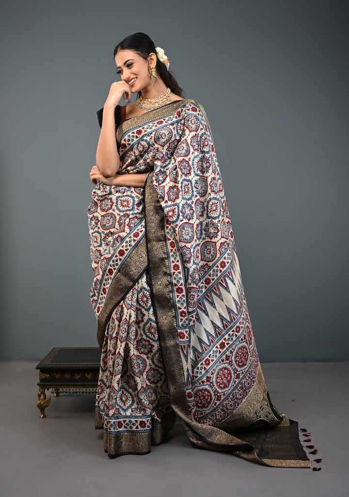 Beige Ajrakh Hand Block Print on Dola Silk Saree with Fancy Zari Border