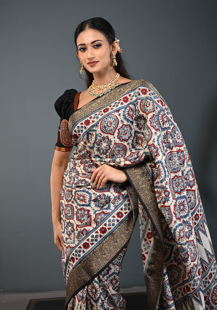 Beige Ajrakh Hand Block Print on Dola Silk Saree with Fancy Zari Border