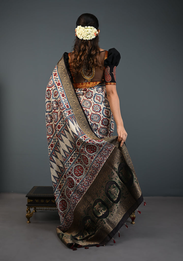 Beige Ajrakh Hand Block Print on Dola Silk Saree with Fancy Zari Border