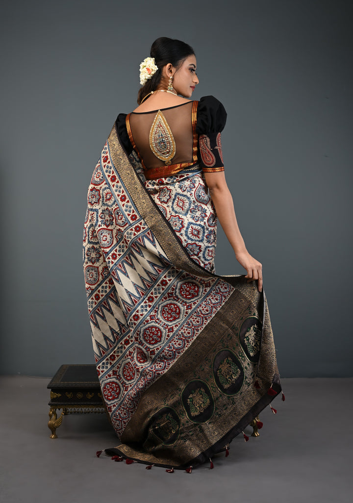 Beige Ajrakh Hand Block Print on Dola Silk Saree with Fancy Zari Border