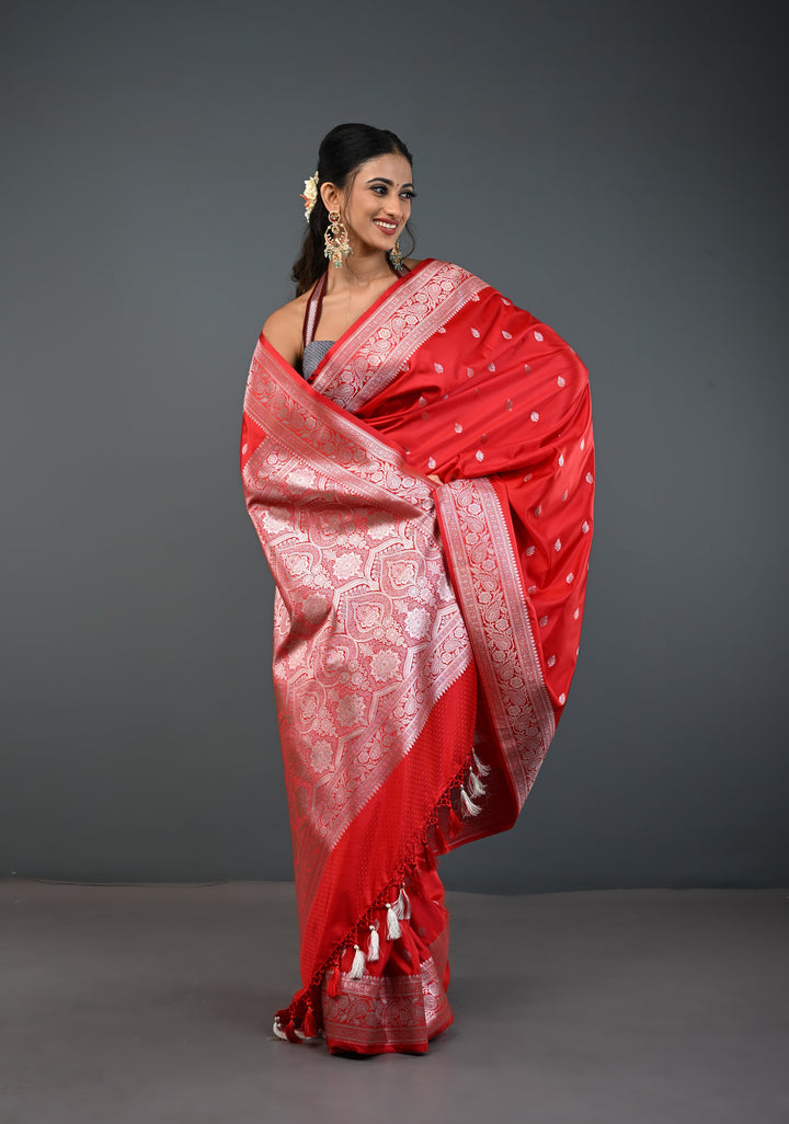 Red Banarasi Semi Mashru Silk Saree with Zari Butta and Floral Zari Border