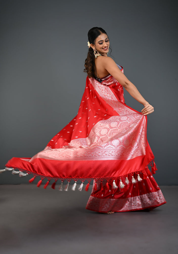 Red Banarasi Semi Mashru Silk Saree with Zari Butta and Floral Zari Border