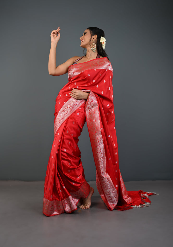 Red Banarasi Semi Mashru Silk Saree with Zari Butta and Floral Zari Border