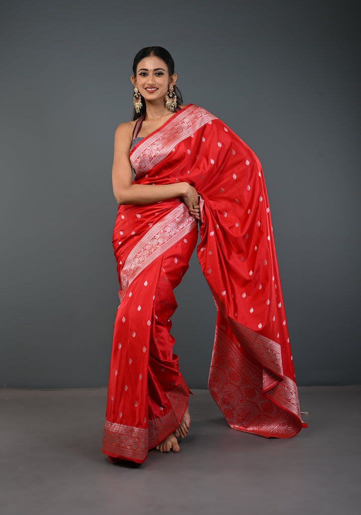 Red Banarasi Semi Mashru Silk Saree with Zari Butta and Floral Zari Border