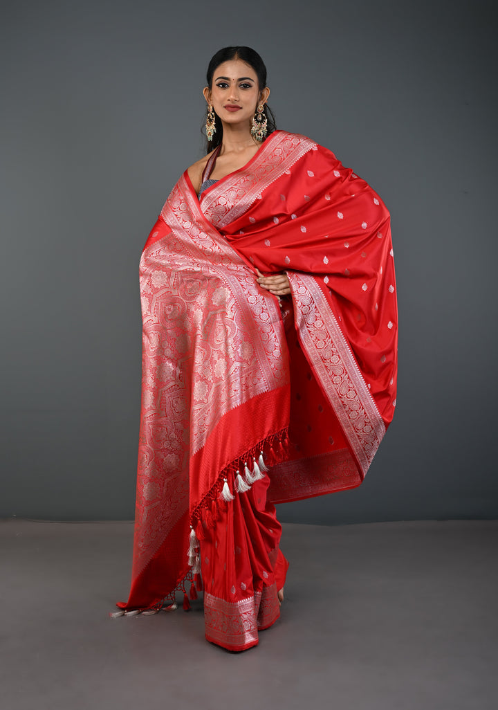 Red Banarasi Semi Mashru Silk Saree with Zari Butta and Floral Zari Border