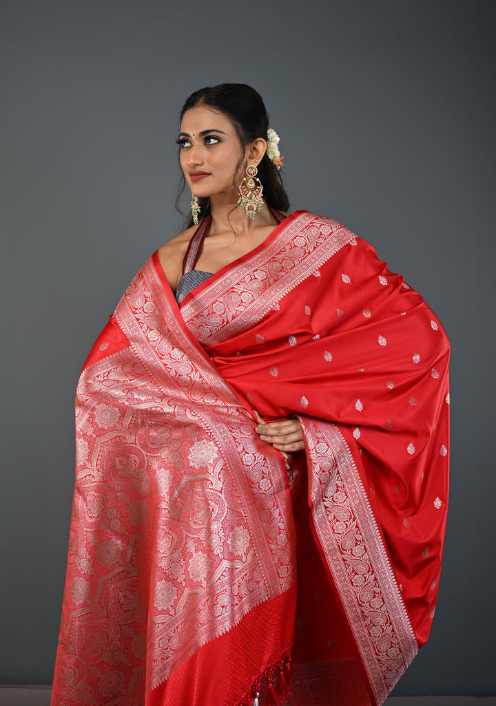 Red Banarasi Semi Mashru Silk Saree with Zari Butta and Floral Zari Border