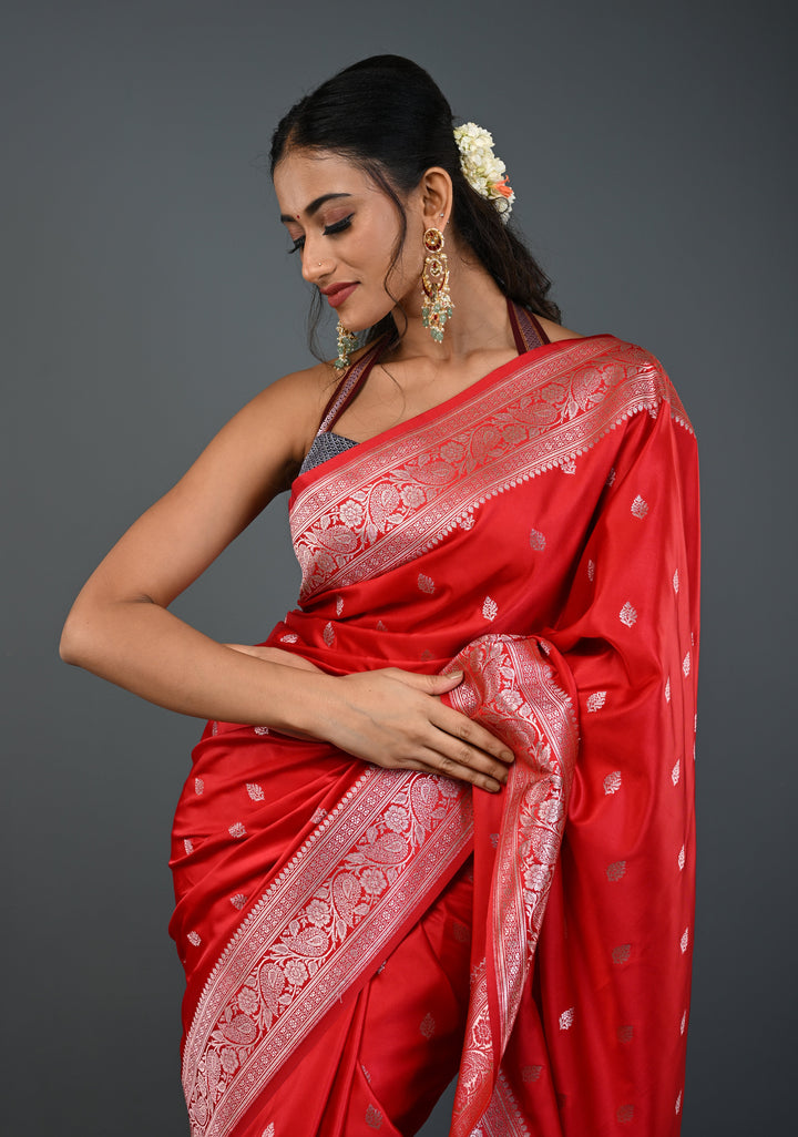 Red Banarasi Semi Mashru Silk Saree with Zari Butta and Floral Zari Border