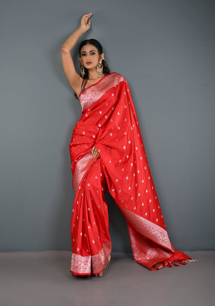 Red Banarasi Semi Mashru Silk Saree with Zari Butta and Floral Zari Border