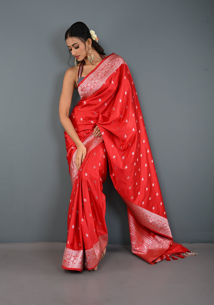 Red Banarasi Semi Mashru Silk Saree with Zari Butta and Floral Zari Border