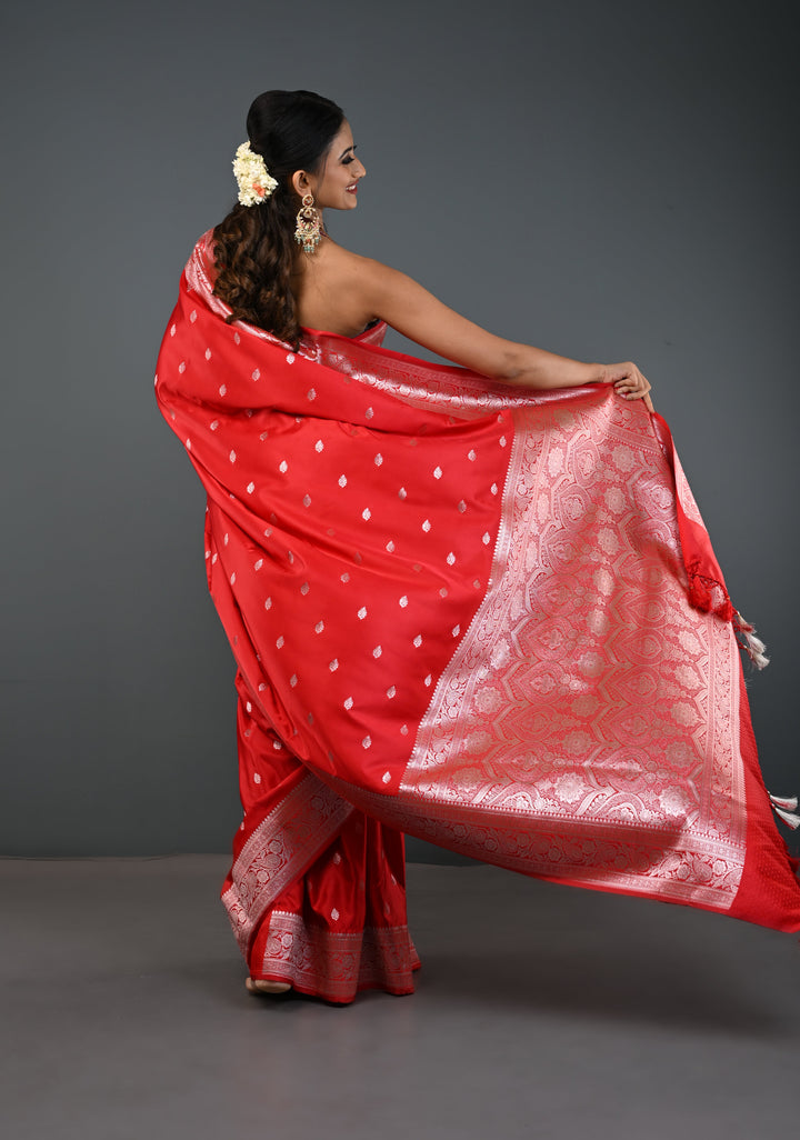 Red Banarasi Semi Mashru Silk Saree with Zari Butta and Floral Zari Border