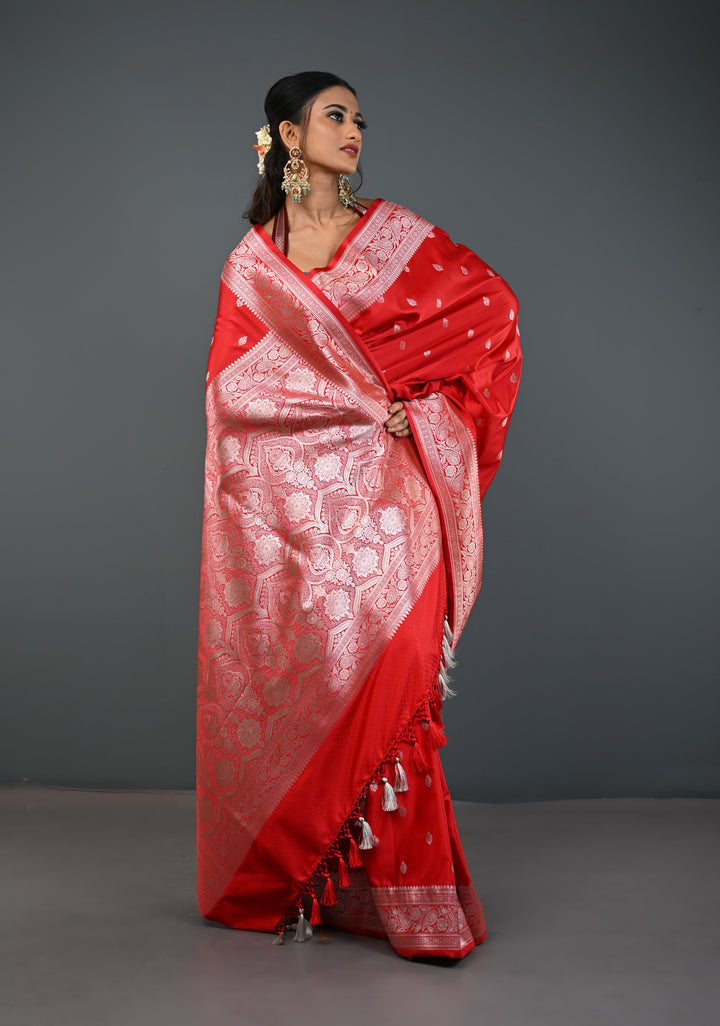 Red Banarasi Semi Mashru Silk Saree with Zari Butta and Floral Zari Border