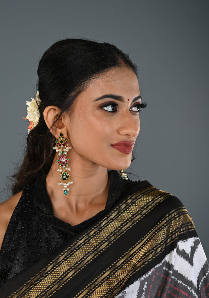 Ahmedabadi Jadau  Statement of Intricate Kundan Floral Design Earrings Dangling Pearls