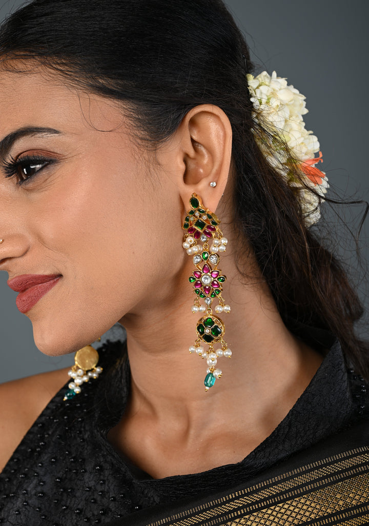 Ahmedabadi Jadau  Statement of Intricate Kundan Floral Design Earrings Dangling Pearls