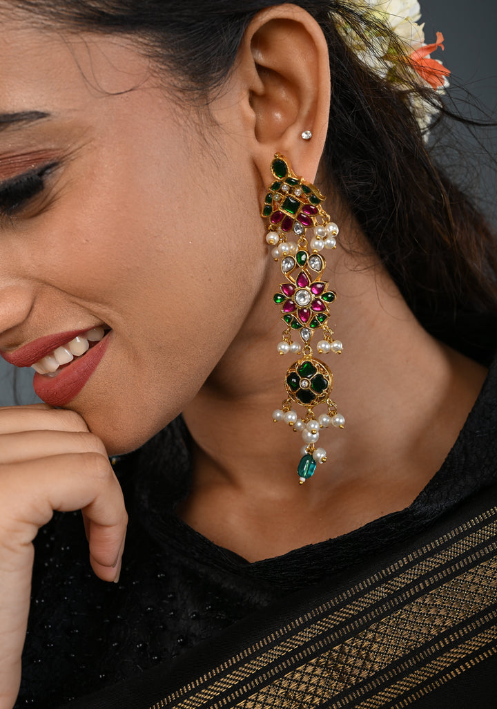 Ahmedabadi Jadau  Statement of Intricate Kundan Floral Design Earrings Dangling Pearls