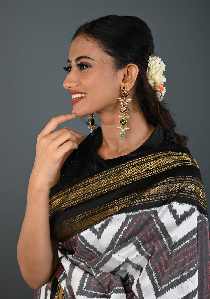 Ahmedabadi Jadau  Statement of Intricate Kundan Floral Design Earrings Dangling Pearls