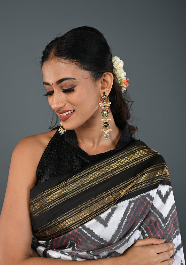 Ahmedabadi Jadau  Statement of Intricate Kundan Floral Design Earrings Dangling Pearls