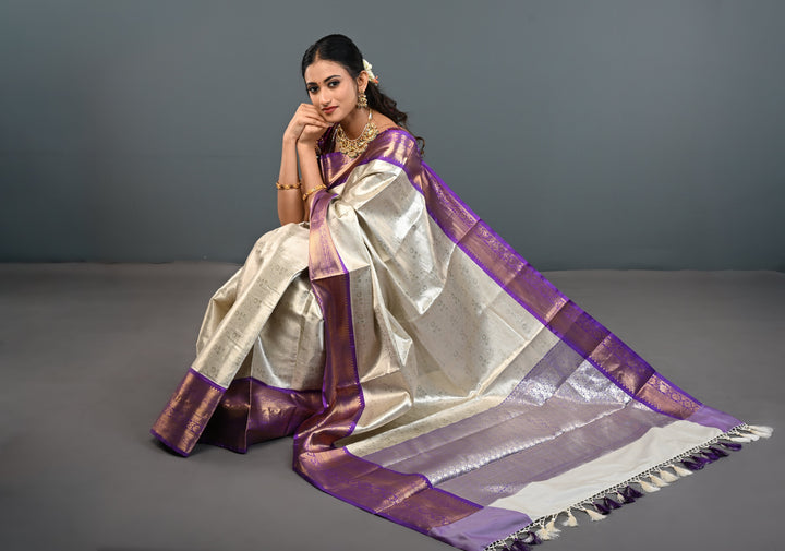 Ivory Kanjivaram Tissue Semi Silk Saree with Floral Jaal and Contrast Zari Border