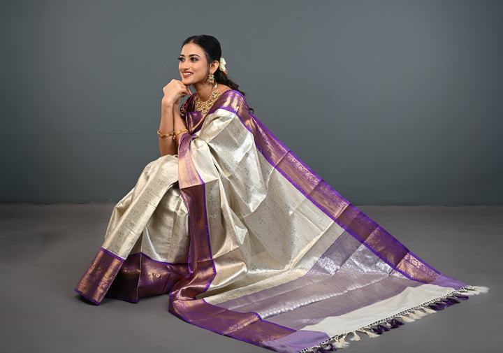 Ivory Kanjivaram Tissue Semi Silk Saree with Floral Jaal and Contrast Zari Border