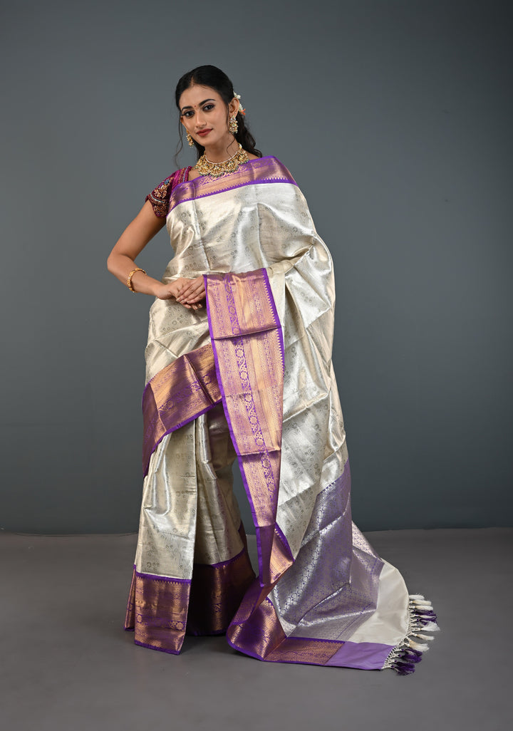 Ivory Kanjivaram Tissue Semi Silk Saree with Floral Jaal and Contrast Zari Border