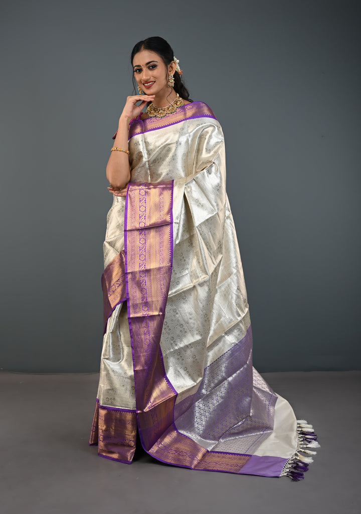 Ivory Kanjivaram Tissue Semi Silk Saree with Floral Jaal and Contrast Zari Border