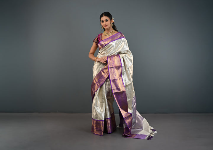 Ivory Kanjivaram Tissue Semi Silk Saree with Floral Jaal and Contrast Zari Border