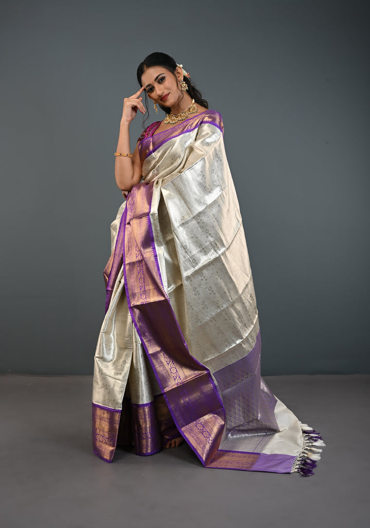 Ivory Kanjivaram Tissue Semi Silk Saree with Floral Jaal and Contrast Zari Border