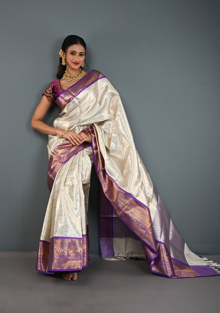 Ivory Kanjivaram Tissue Semi Silk Saree with Floral Jaal and Contrast Zari Border