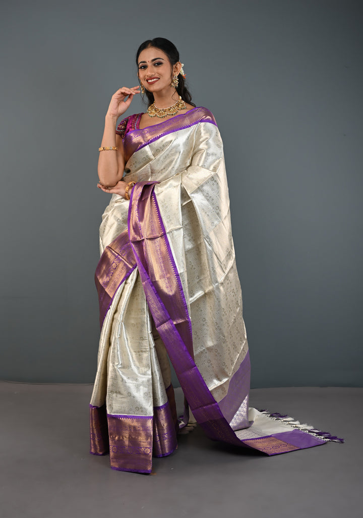 Ivory Kanjivaram Tissue Semi Silk Saree with Floral Jaal and Contrast Zari Border