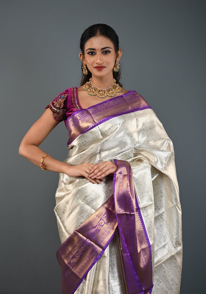 Ivory Kanjivaram Tissue Semi Silk Saree with Floral Jaal and Contrast Zari Border