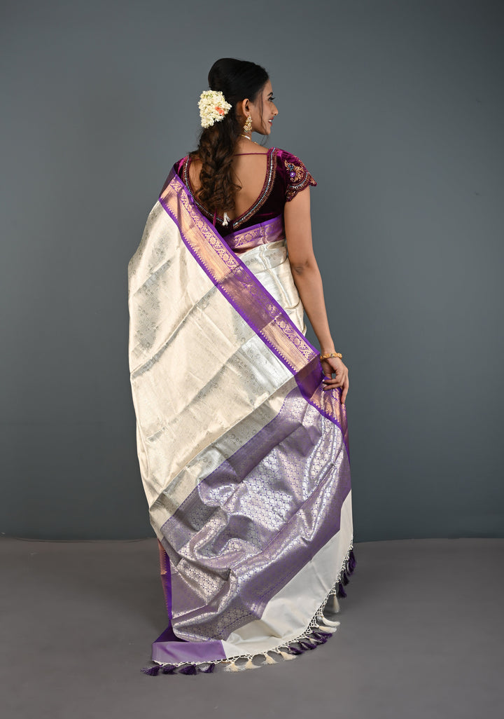 Ivory Kanjivaram Tissue Semi Silk Saree with Floral Jaal and Contrast Zari Border