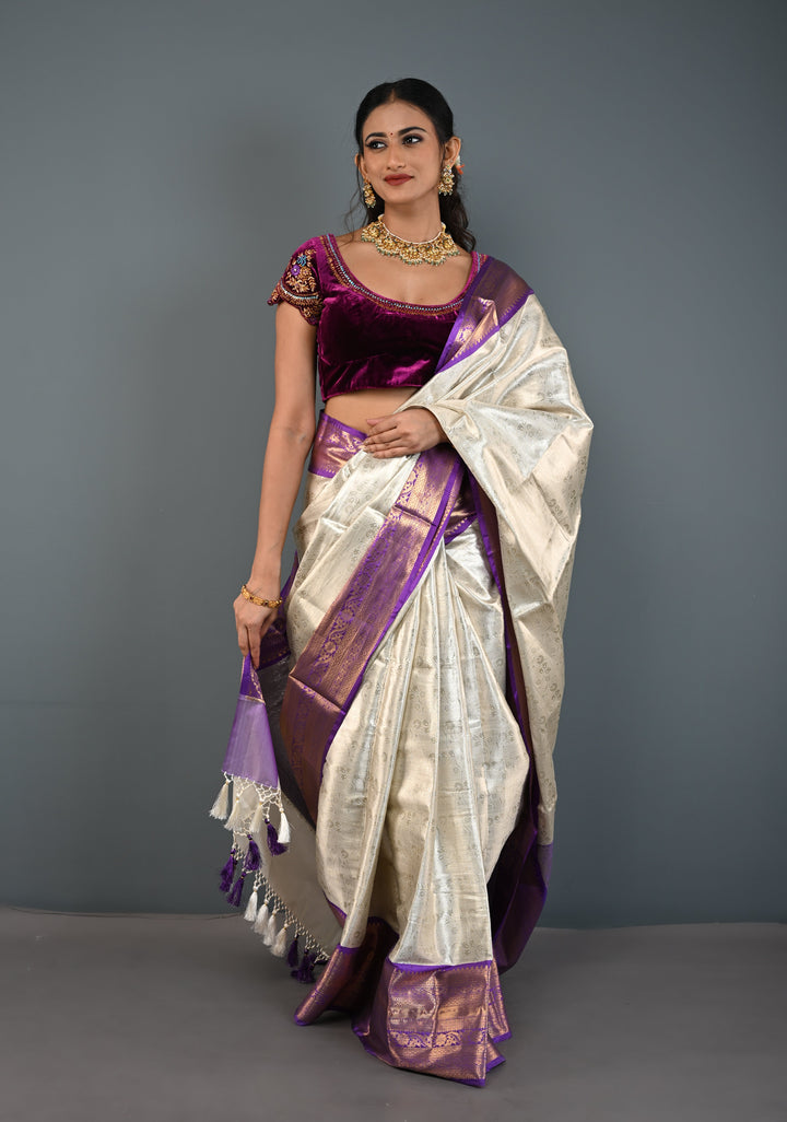 Ivory Kanjivaram Tissue Semi Silk Saree with Floral Jaal and Contrast Zari Border