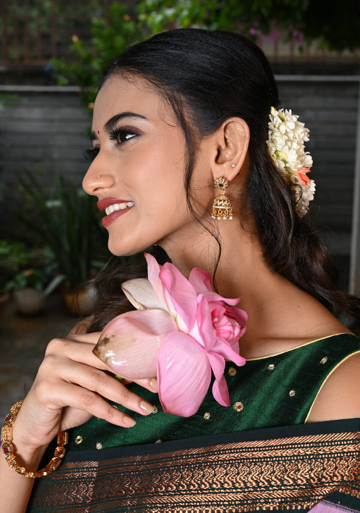 Pure 92.5 Silver Gold-Plated CZ Stone Jhumkas with Emerald Center and Pearl Danglings