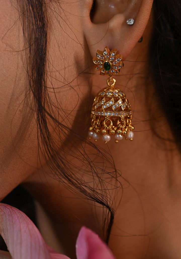 Pure 92.5 Silver Gold-Plated CZ Stone Jhumkas with Emerald Center and Pearl Danglings