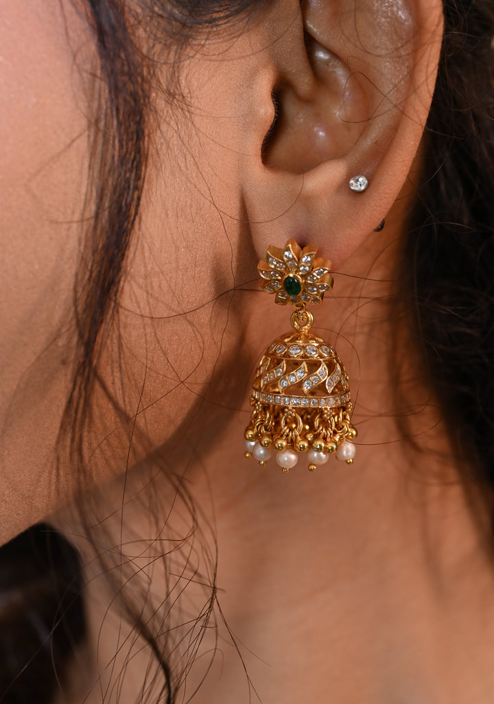 Pure 92.5 Silver Gold-Plated CZ Stone Jhumkas with Emerald Center and Pearl Danglings
