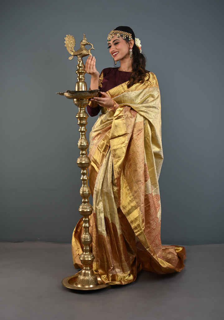 Golden Brocade Tissue Kanjivaram Pure Silk Saree With Zari Border | SILK MARK CERTIFIED