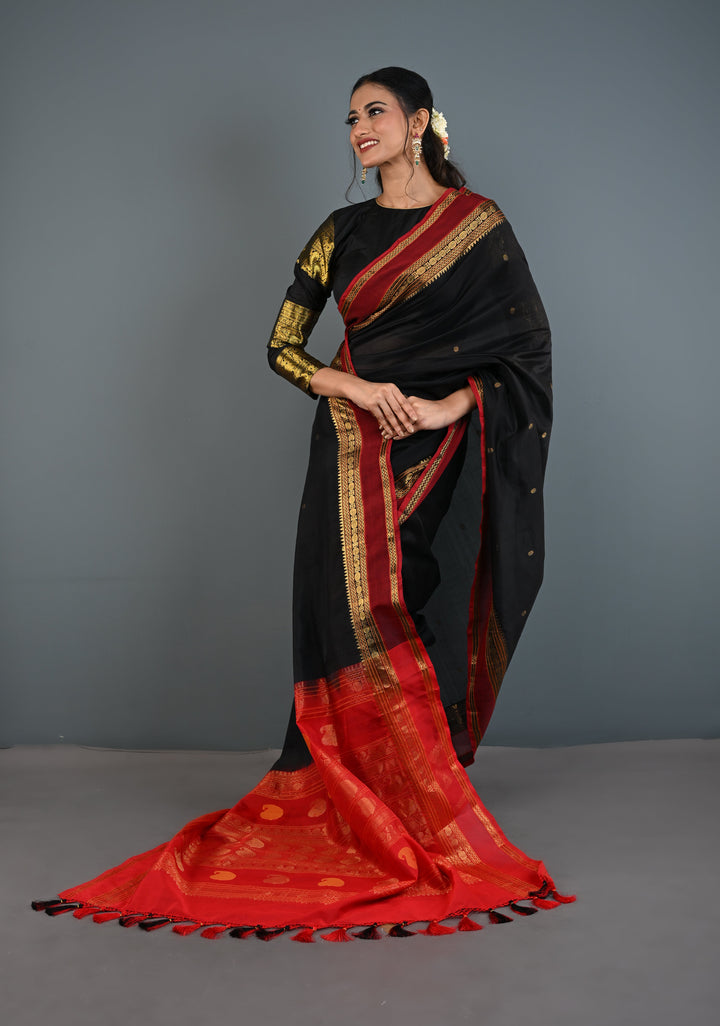 Black Kanchi Silk Cotton Handloom Saree with Polka Buttas and Contrast Zari Border