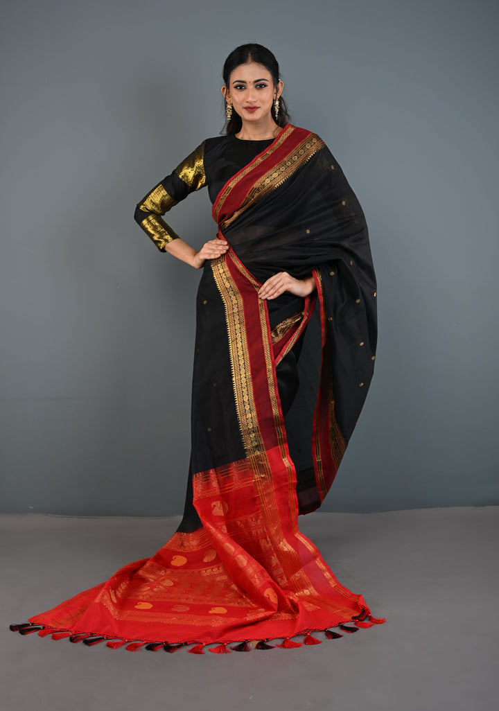 Black Kanchi Silk Cotton Handloom Saree with Polka Buttas and Contrast Zari Border