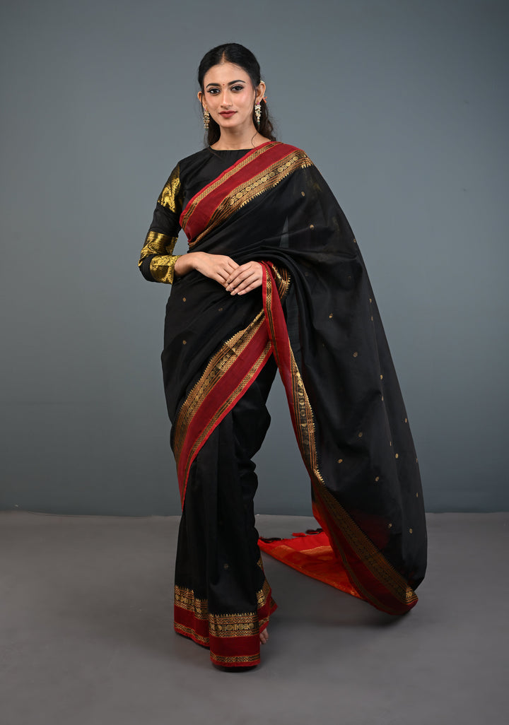 Black Kanchi Silk Cotton Handloom Saree with Polka Buttas and Contrast Zari Border