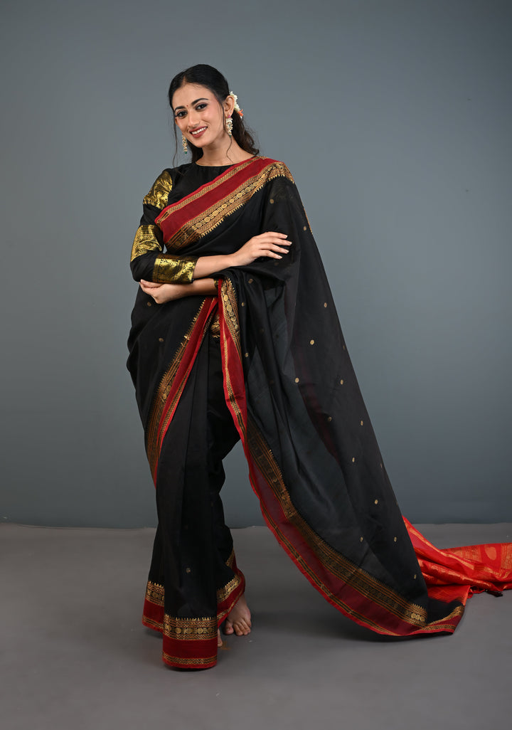 Black Kanchi Silk Cotton Handloom Saree with Polka Buttas and Contrast Zari Border