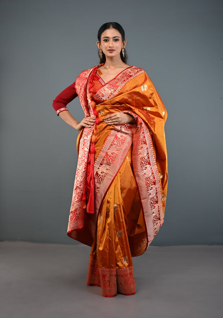 Mustard Dual tone Banarasi Pure Katan Silk Saree with Meenakari Elephant Butta and Contrast Zari Border | SILK MARK CERTIFIED