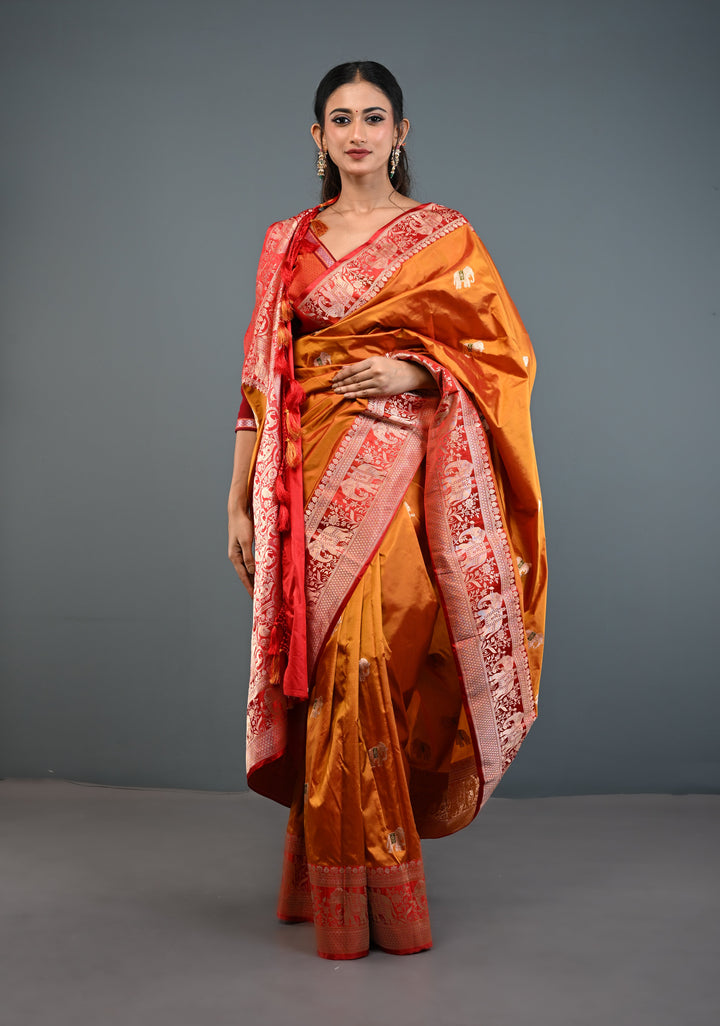 Mustard Dual tone Banarasi Pure Katan Silk Saree with Meenakari Elephant Butta and Contrast Zari Border | SILK MARK CERTIFIED