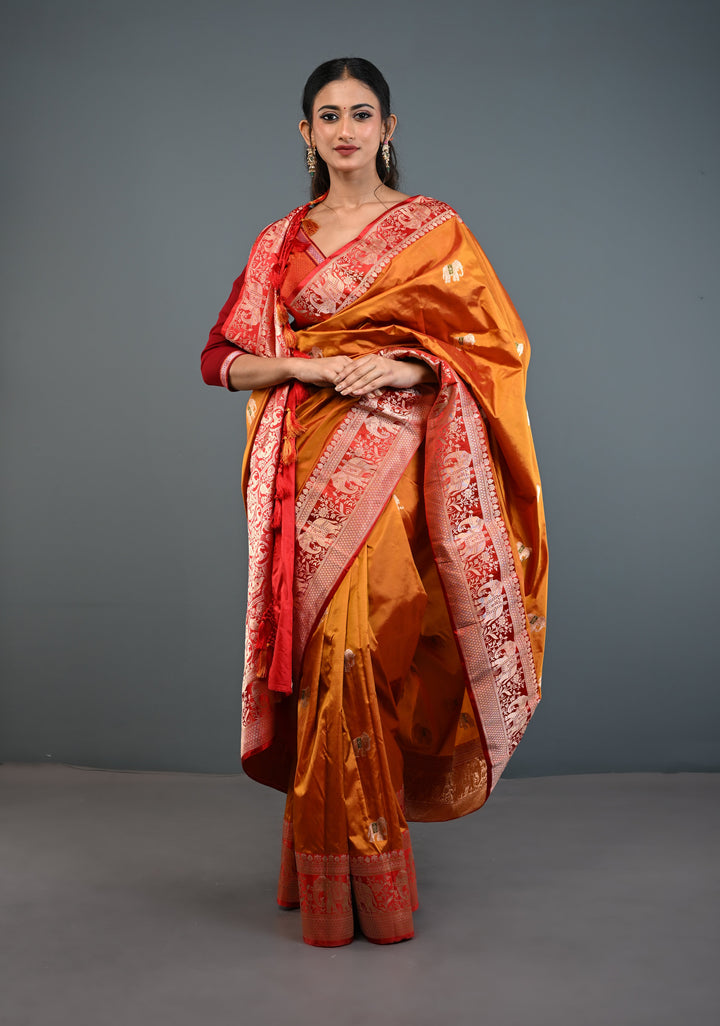 Mustard Dual tone Banarasi Pure Katan Silk Saree with Meenakari Elephant Butta and Contrast Zari Border | SILK MARK CERTIFIED