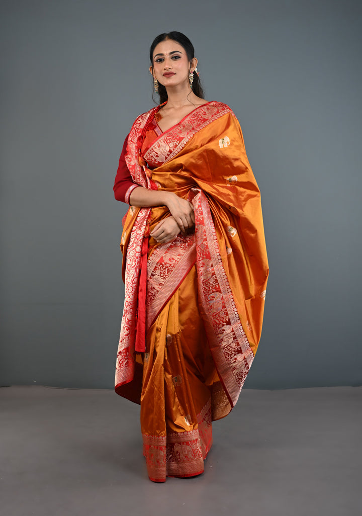 Mustard Dual tone Banarasi Pure Katan Silk Saree with Meenakari Elephant Butta and Contrast Zari Border | SILK MARK CERTIFIED