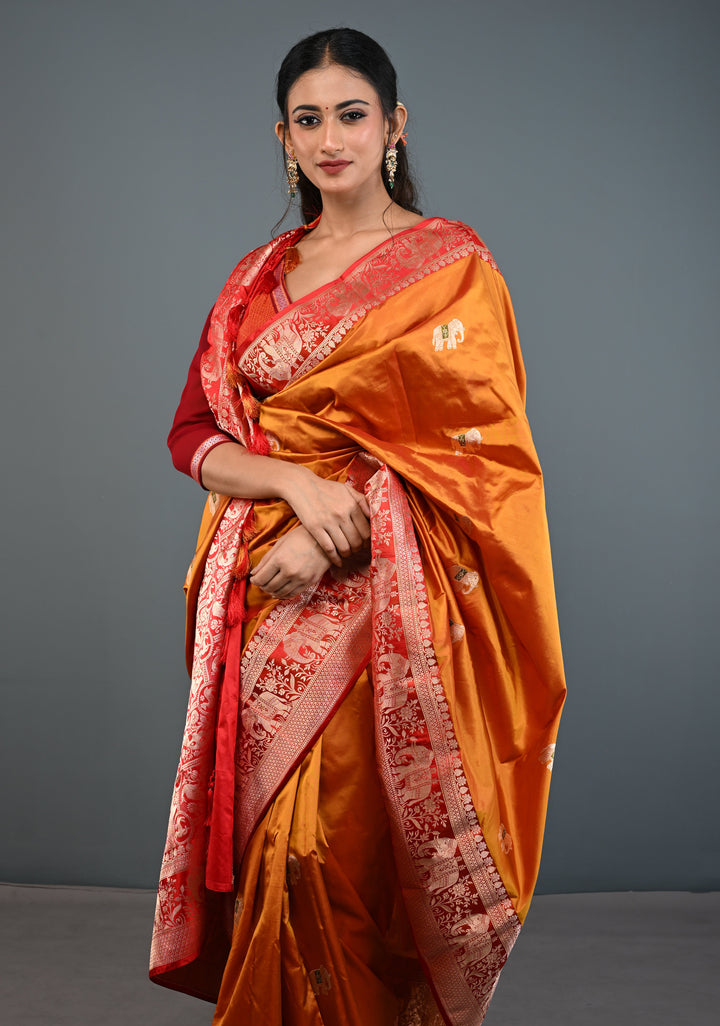Mustard Dual tone Banarasi Pure Katan Silk Saree with Meenakari Elephant Butta and Contrast Zari Border | SILK MARK CERTIFIED
