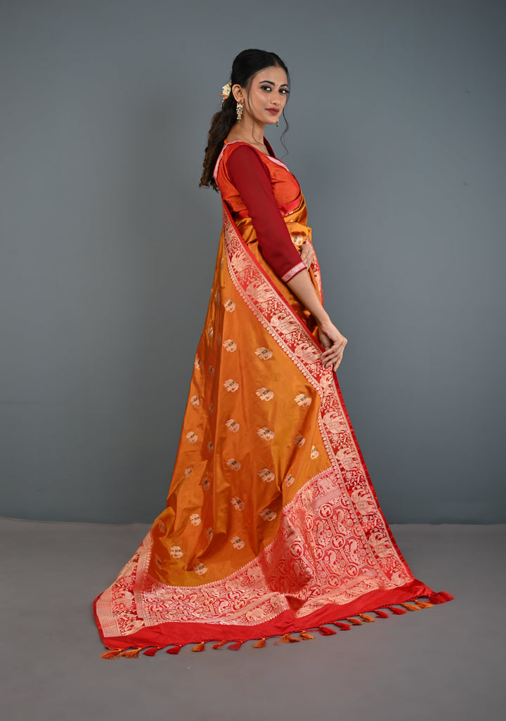 Mustard Dual tone Banarasi Pure Katan Silk Saree with Meenakari Elephant Butta and Contrast Zari Border | SILK MARK CERTIFIED