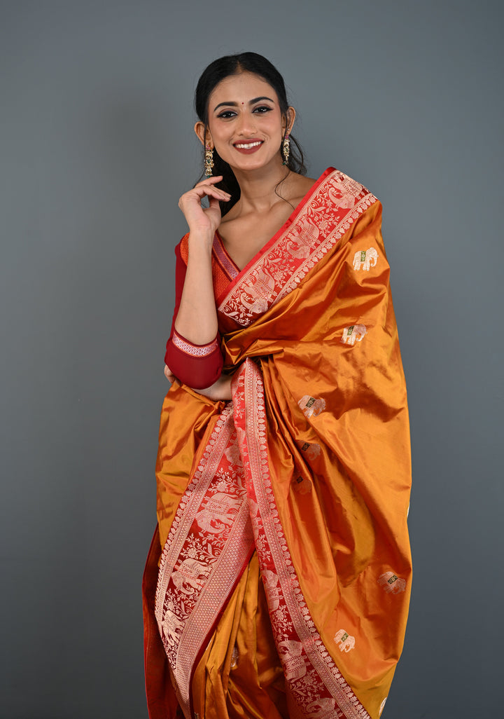 Mustard Dual tone Banarasi Pure Katan Silk Saree with Meenakari Elephant Butta and Contrast Zari Border | SILK MARK CERTIFIED