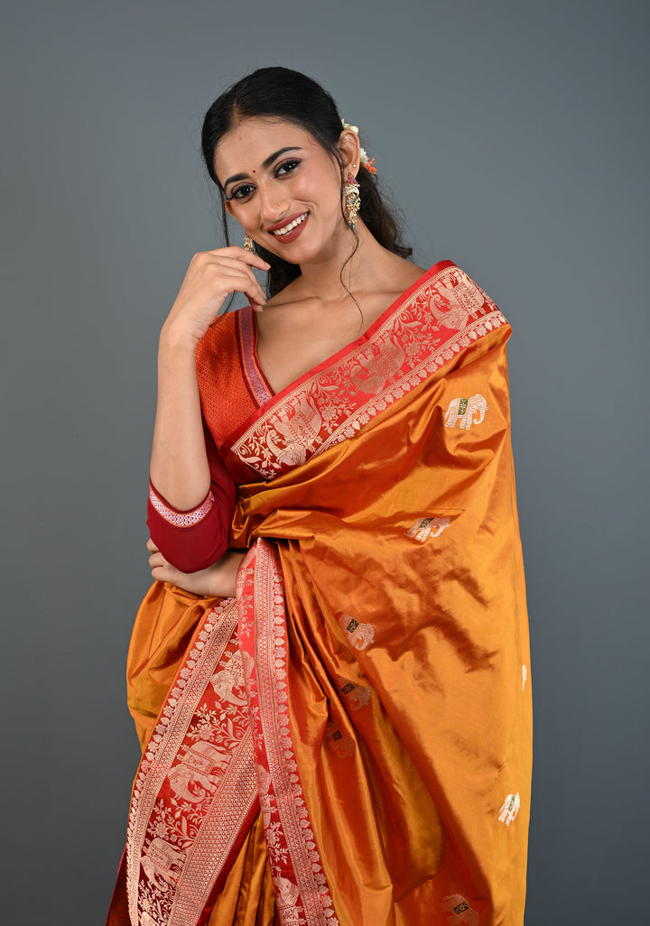 Mustard Dual tone Banarasi Pure Katan Silk Saree with Meenakari Elephant Butta and Contrast Zari Border | SILK MARK CERTIFIED